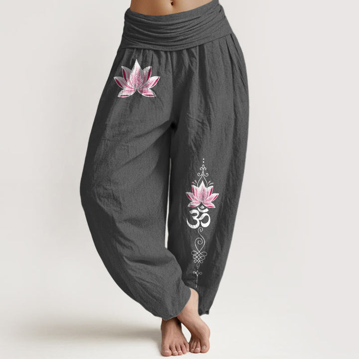 Buddha Stones Pantalon harem à taille élastique pour femme, motif lotus OM rose en coton - Gris sombre - US16，UK/AU20，EU48 (3XL) - image 11