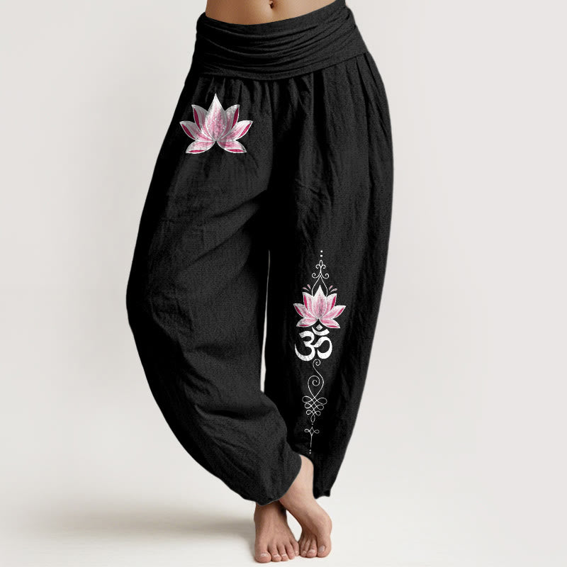 Buddha Stones Pantalon harem à taille élastique pour femme, motif lotus OM rose en coton - Noir - US16，UK/AU20，EU48 (3XL) - image 5