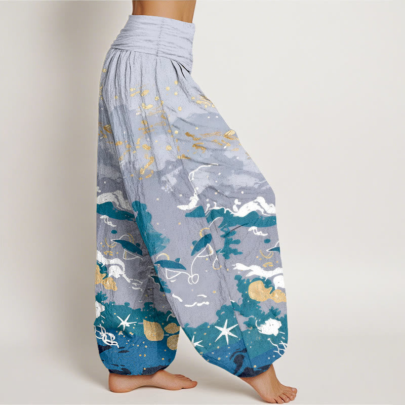 Buddha Stones Pantalon harem à taille élastique pour femme, motif vagues et ciel en coton - image 2