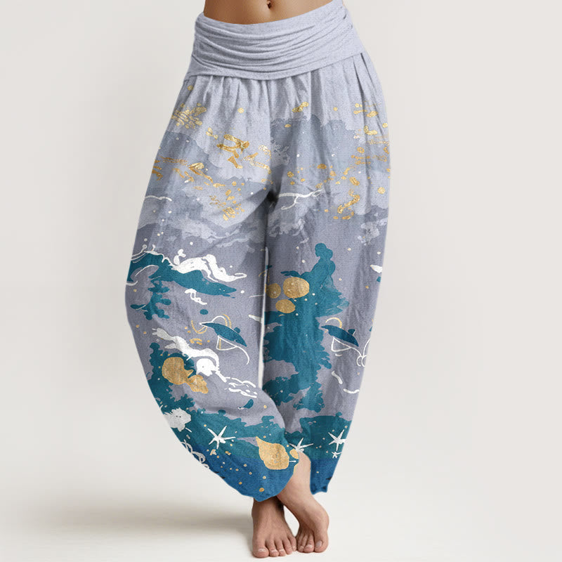 Buddha Stones Pantalon harem à taille élastique pour femme, motif vagues et ciel en coton - Bleu acier clair - US16，UK/AU20，EU48 (3XL) - image 0