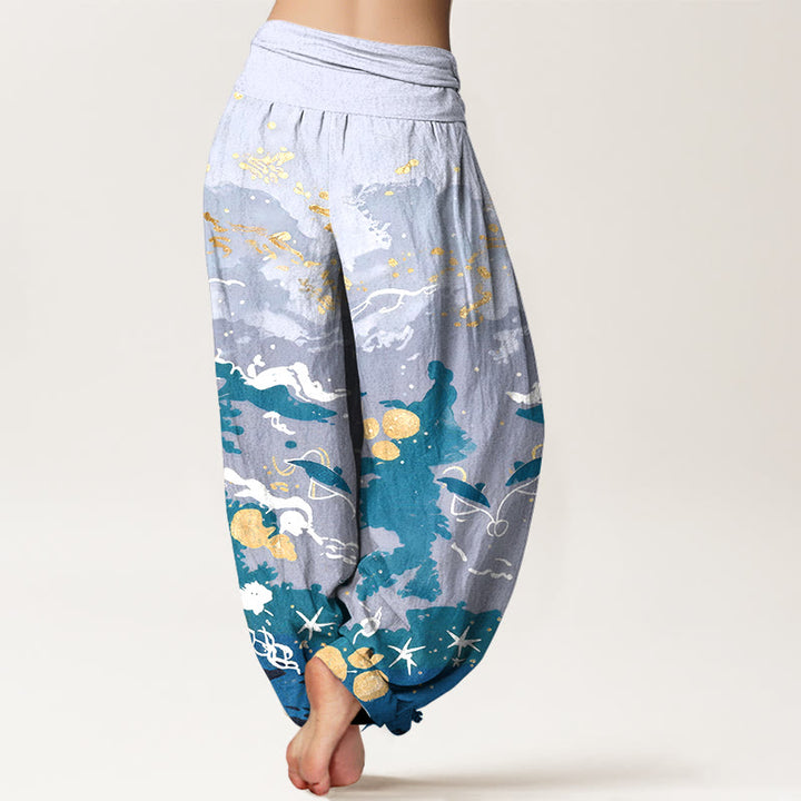 Buddha Stones Pantalon harem à taille élastique pour femme, motif vagues et ciel en coton - image 1