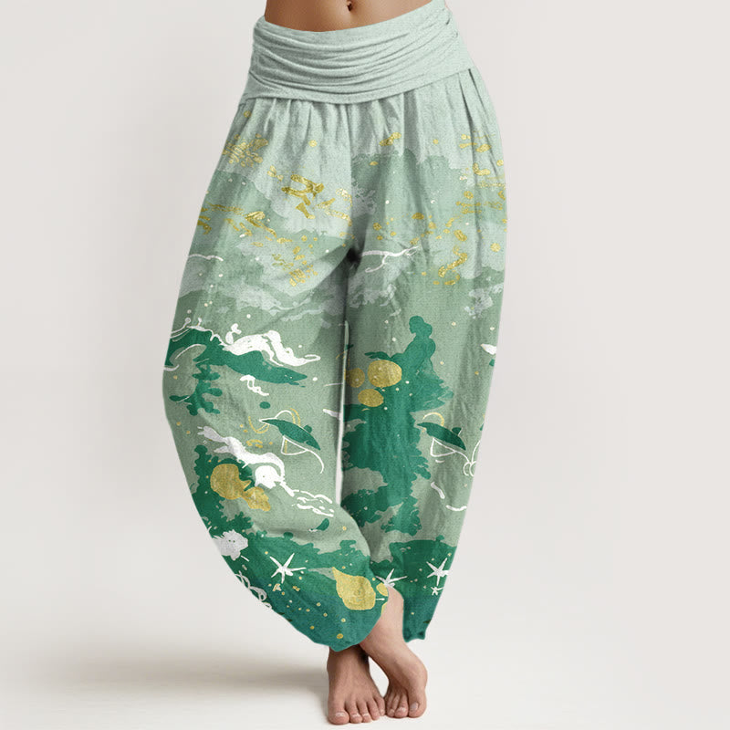 Buddha Stones Pantalon harem à taille élastique pour femme, motif vagues et ciel en coton - Vert foncé - US16，UK/AU20，EU48 (3XL) - image 5