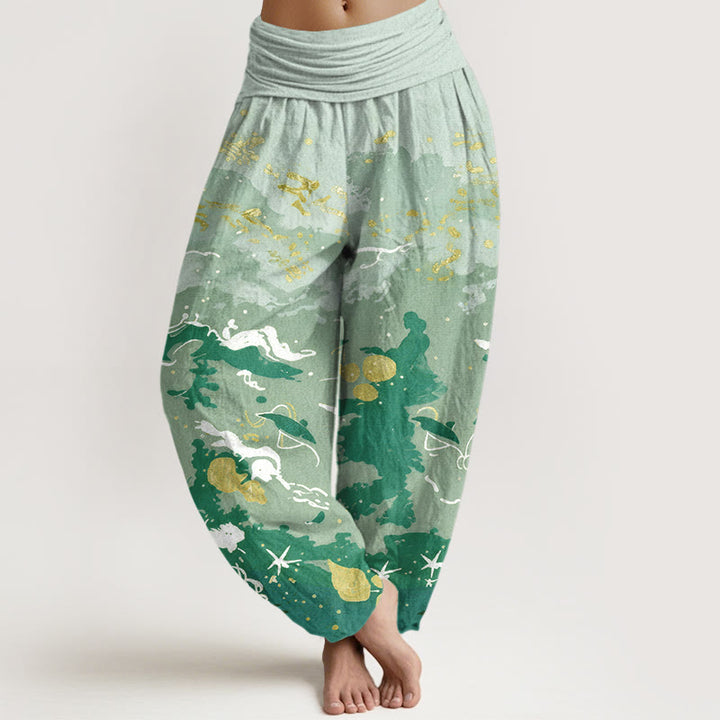 Buddha Stones Pantalon harem à taille élastique pour femme, motif vagues et ciel en coton - Vert foncé - US16，UK/AU20，EU48 (3XL) - image 5