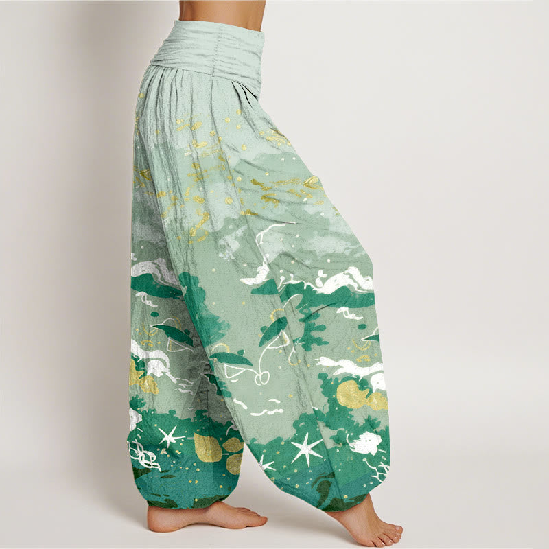 Buddha Stones Pantalon harem à taille élastique pour femme, motif vagues et ciel en coton - image 7