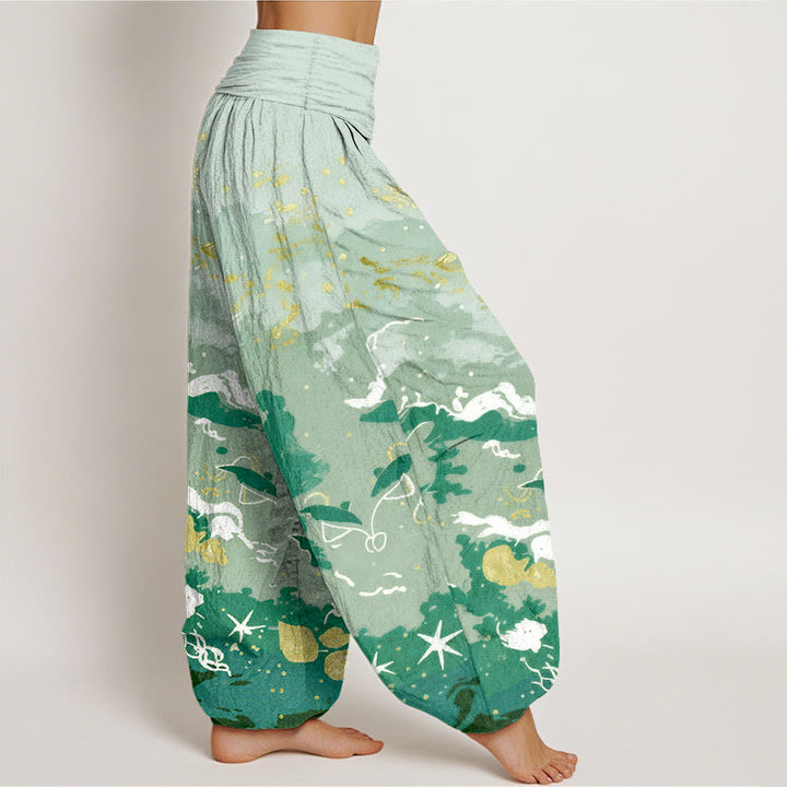 Buddha Stones Pantalon harem à taille élastique pour femme, motif vagues et ciel en coton - image 7