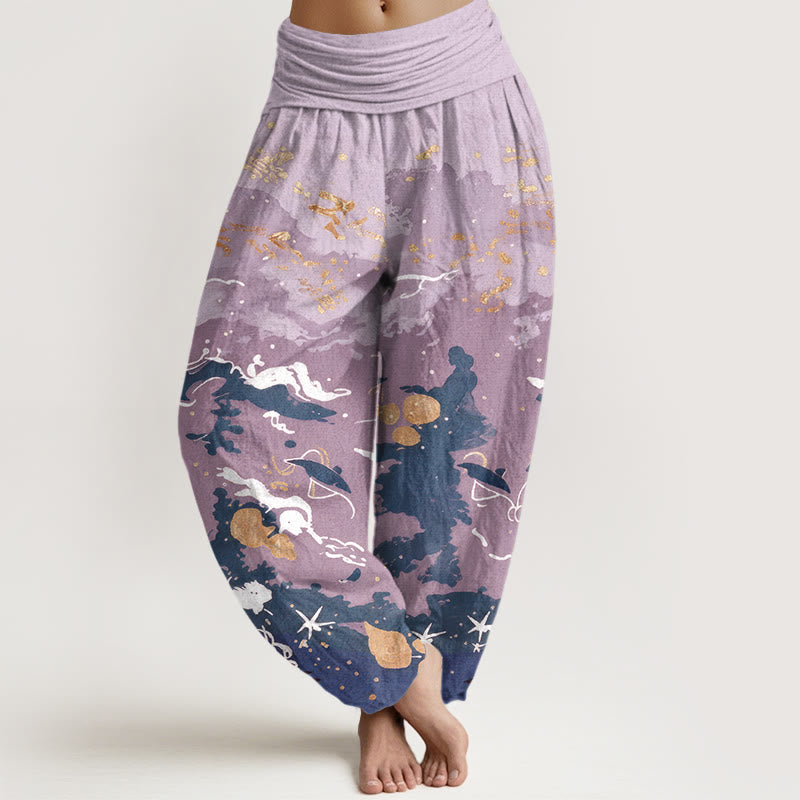 Buddha Stones Pantalon harem à taille élastique pour femme, motif vagues et ciel en coton - Lavande - US16，UK/AU20，EU48 (3XL) - image 8