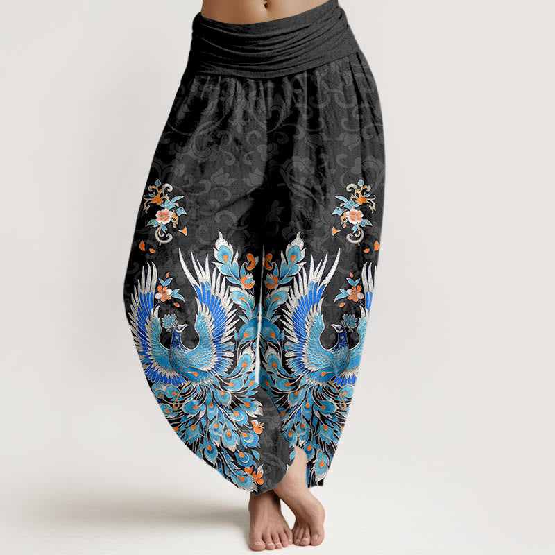 Buddha Stones Pantalon harem à taille élastique pour femme, motif fleurs de pêcher, en coton Phoenix - Noir - US16，UK/AU20，EU48 (3XL) - image 5