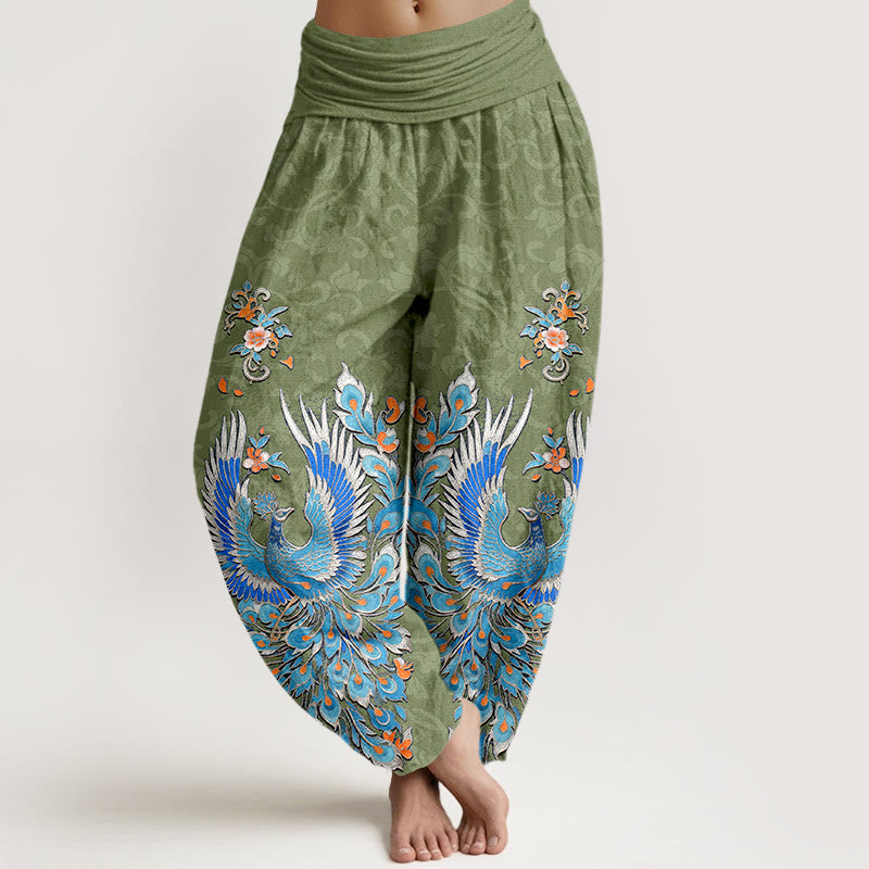 Buddha Stones Pantalon harem à taille élastique pour femme, motif fleurs de pêcher, en coton Phoenix - Vert olive - US16，UK/AU20，EU48 (3XL) - image 8