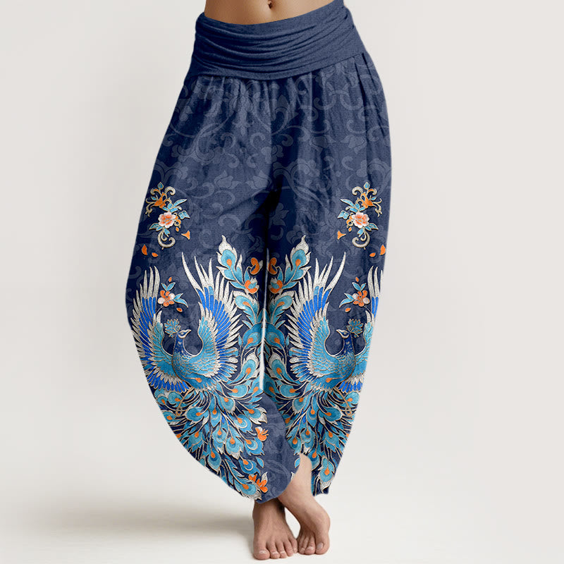 Buddha Stones Pantalon harem à taille élastique pour femme, motif fleurs de pêcher, en coton Phoenix - SteelBlue - US16，UK/AU20，EU48 (3XL) - image 0