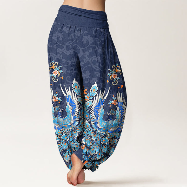 Buddha Stones Pantalon harem à taille élastique pour femme, motif fleurs de pêcher, en coton Phoenix - image 1