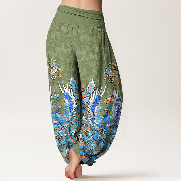 Buddha Stones Pantalon harem à taille élastique pour femme, motif fleurs de pêcher, en coton Phoenix - image 9