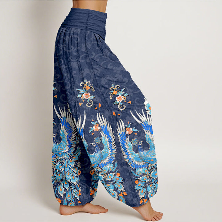 Buddha Stones Pantalon harem à taille élastique pour femme, motif fleurs de pêcher, en coton Phoenix - image 2