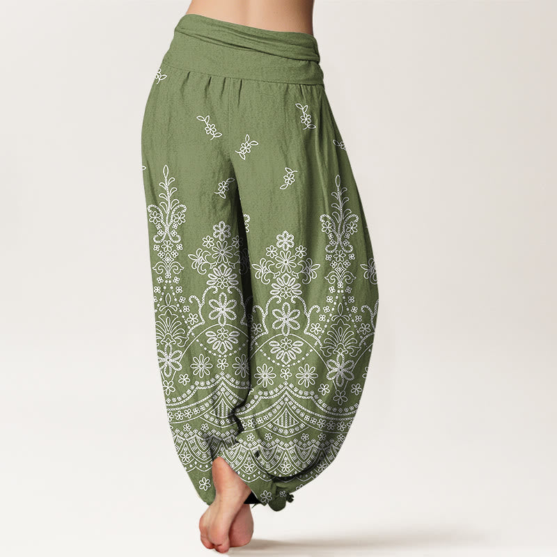 Buddha Stones Pantalon harem à taille élastique pour femme, motif mandala en coton blanc - image 1