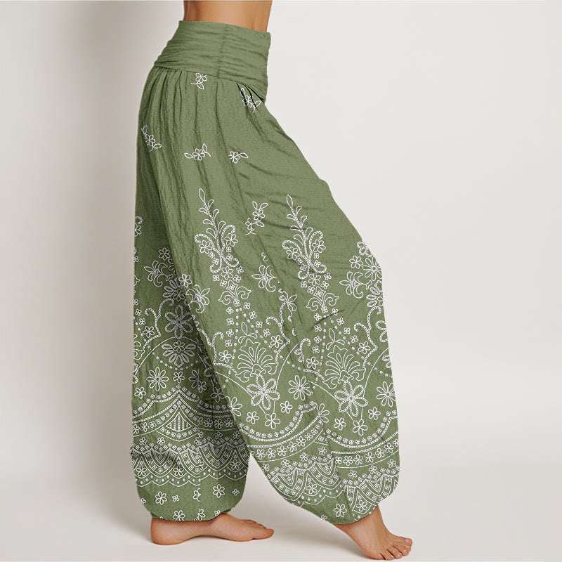 Buddha Stones Pantalon harem à taille élastique pour femme, motif mandala en coton blanc - image 2