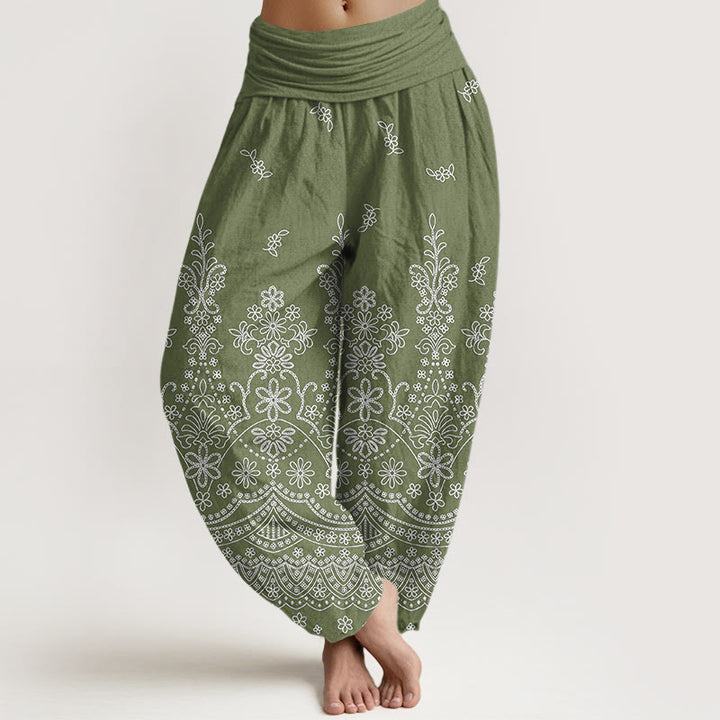 Buddha Stones Pantalon harem à taille élastique pour femme, motif mandala en coton blanc - Vert olive - US16，UK/AU20，EU48 (3XL) - image 0