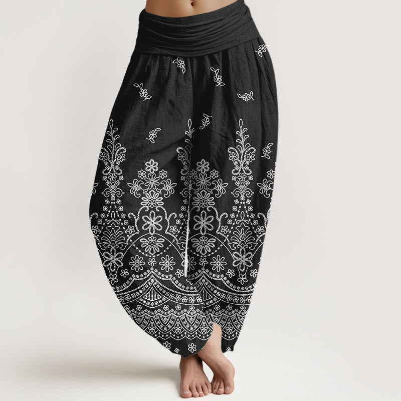 Buddha Stones Pantalon harem à taille élastique pour femme, motif mandala en coton blanc - Noir - US16，UK/AU20，EU48 (3XL) - image 5