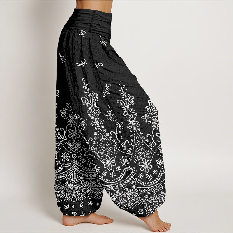 Buddha Stones Pantalon harem à taille élastique pour femme, motif mandala en coton blanc - image 7