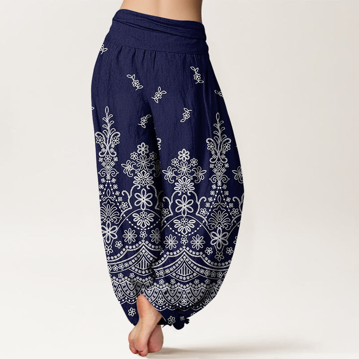 Buddha Stones Pantalon harem à taille élastique pour femme, motif mandala en coton blanc - image 9