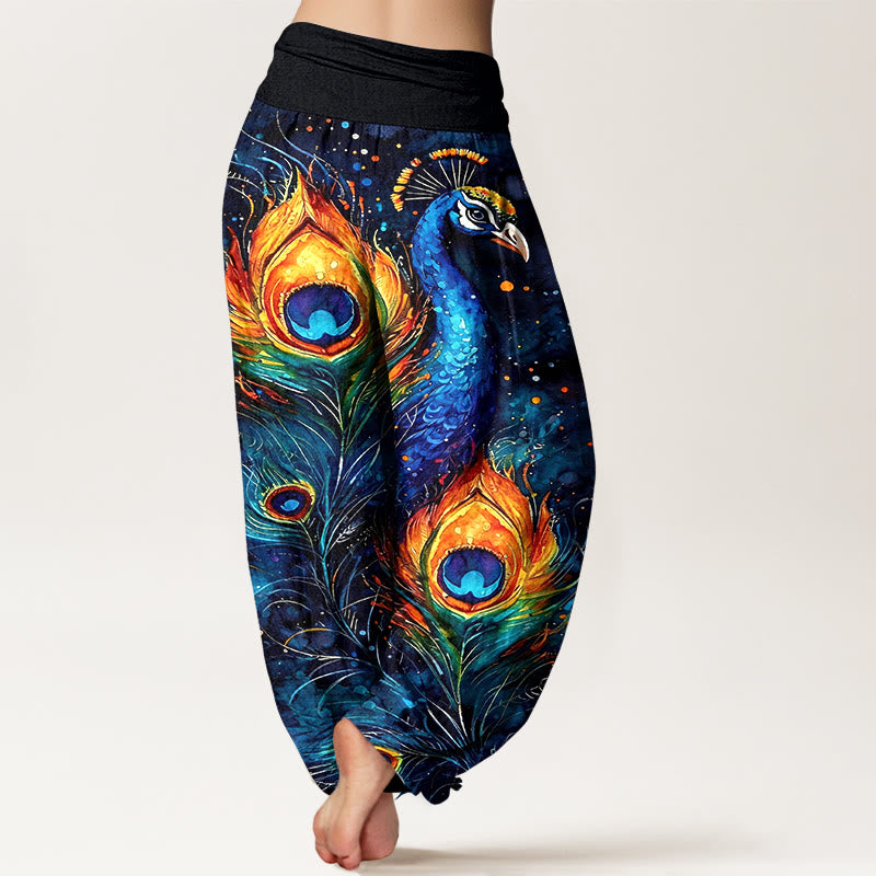 Buddha Stones Pantalon harem à taille élastique pour femme, en coton, motif paon et ciel étoilé - image 1