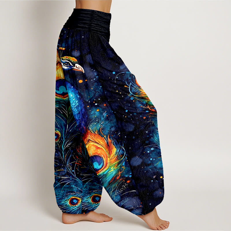 Buddha Stones Pantalon harem à taille élastique pour femme, en coton, motif paon et ciel étoilé - image 2