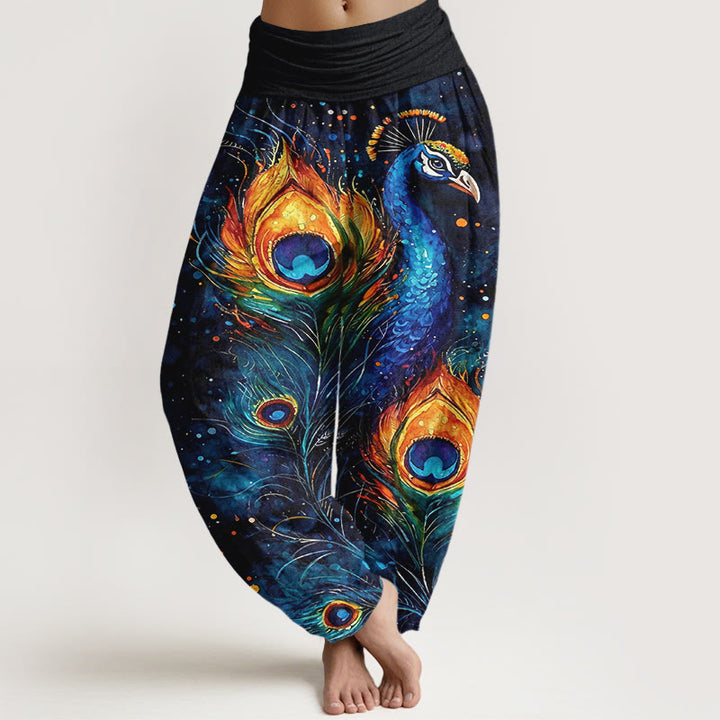 Buddha Stones Pantalon harem à taille élastique pour femme, en coton, motif paon et ciel étoilé - Bleu foncé - US16，UK/AU20，EU48 (3XL) - image 0