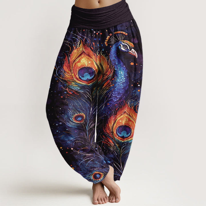 Buddha Stones Pantalon harem à taille élastique pour femme, en coton, motif paon et ciel étoilé - Indigo - US16，UK/AU20，EU48 (3XL) - image 5