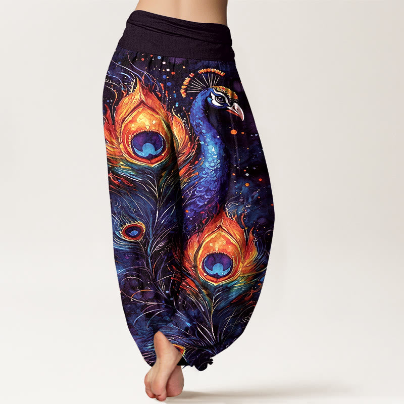 Buddha Stones Pantalon harem à taille élastique pour femme, en coton, motif paon et ciel étoilé - image 6