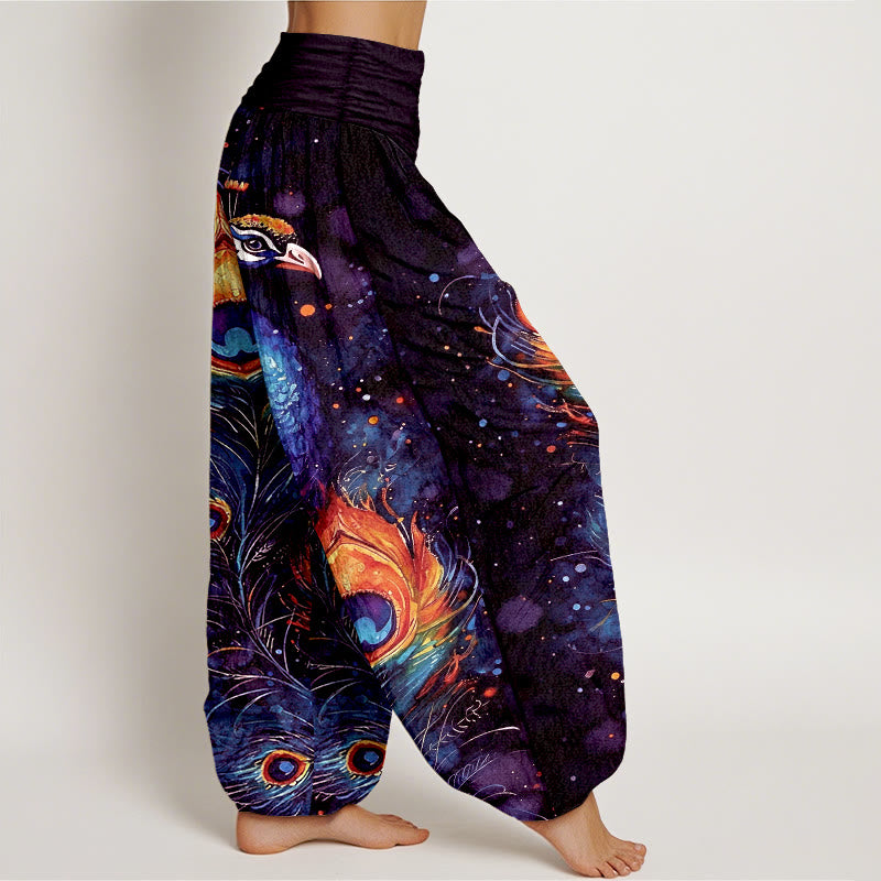 Buddha Stones Pantalon harem à taille élastique pour femme, en coton, motif paon et ciel étoilé - image 7