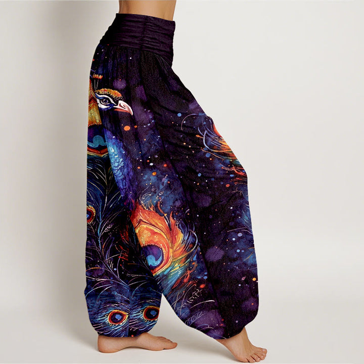 Buddha Stones Pantalon harem à taille élastique pour femme, en coton, motif paon et ciel étoilé - image 7