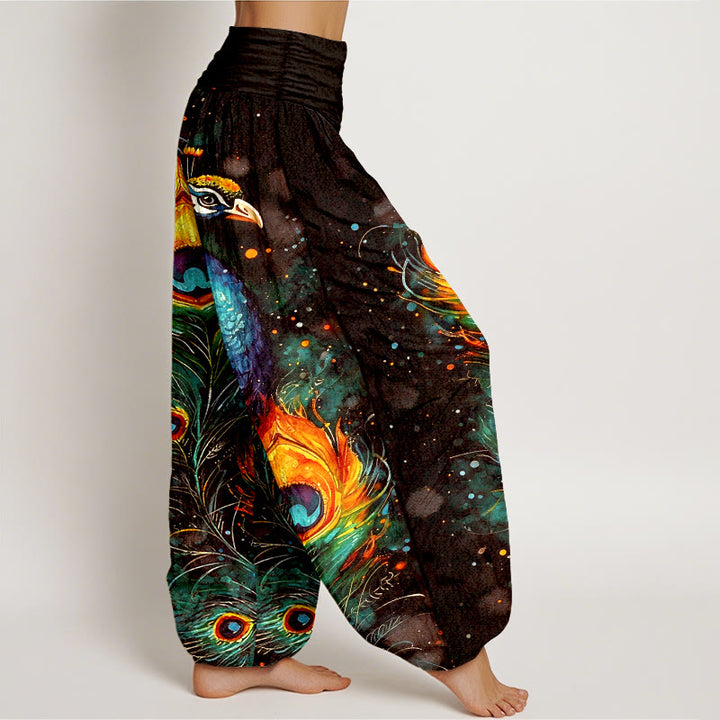 Buddha Stones Pantalon harem à taille élastique pour femme, en coton, motif paon et ciel étoilé - image 10