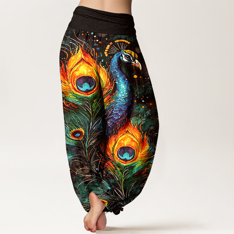 Buddha Stones Pantalon harem à taille élastique pour femme, en coton, motif paon et ciel étoilé - image 9