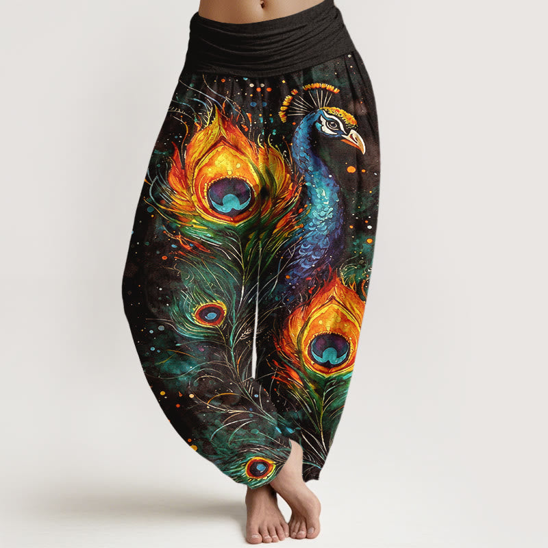 Buddha Stones Pantalon harem à taille élastique pour femme, en coton, motif paon et ciel étoilé - Vert olive - US16，UK/AU20，EU48 (3XL) - image 8