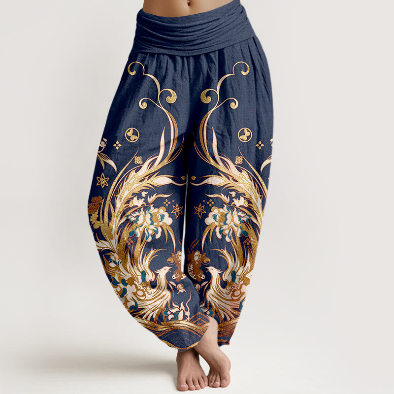Buddha Stones Pantalon harem à taille élastique pour femme, en coton, motif papillon phénix et fleurs - Bleu foncé - US16，UK/AU20，EU48 (3XL) - image 0