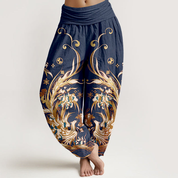 Buddha Stones Pantalon harem à taille élastique pour femme, en coton, motif papillon phénix et fleurs - Bleu foncé - US16，UK/AU20，EU48 (3XL) - image 0