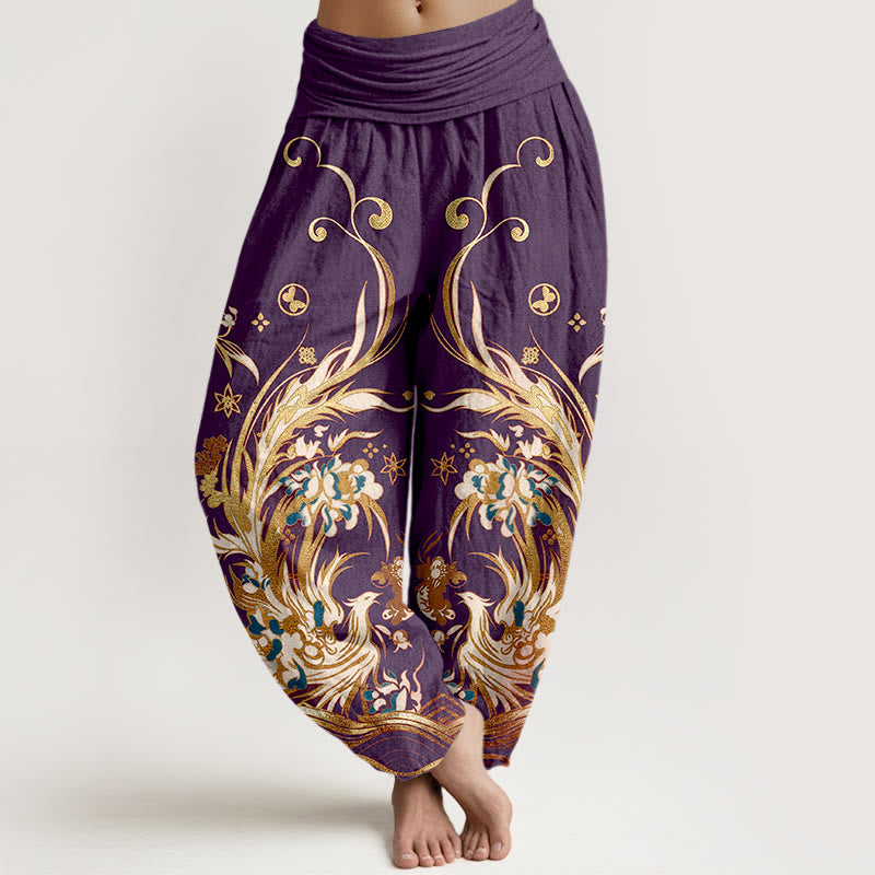 Buddha Stones Pantalon harem à taille élastique pour femme, en coton, motif papillon phénix et fleurs - Indigo - US16，UK/AU20，EU48 (3XL) - image 8
