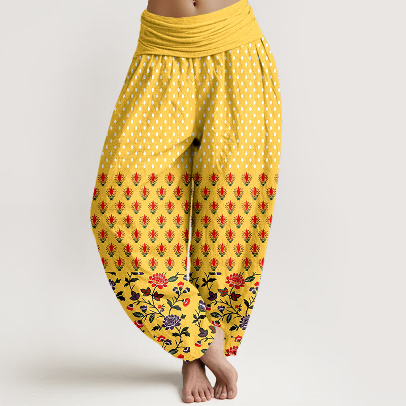 Buddha Stones Pantalon harem à pois en coton rouge et violet à taille élastique pour femme - Or - US16，UK/AU20，EU48 (3XL) - image 0