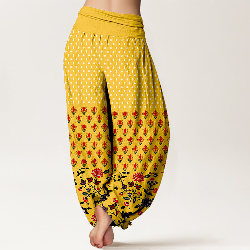 Buddha Stones Pantalon harem à pois en coton rouge et violet à taille élastique pour femme - image 1