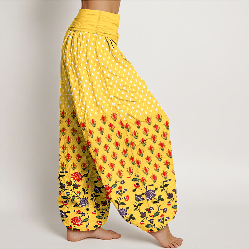 Buddha Stones Pantalon harem à pois en coton rouge et violet à taille élastique pour femme - image 2