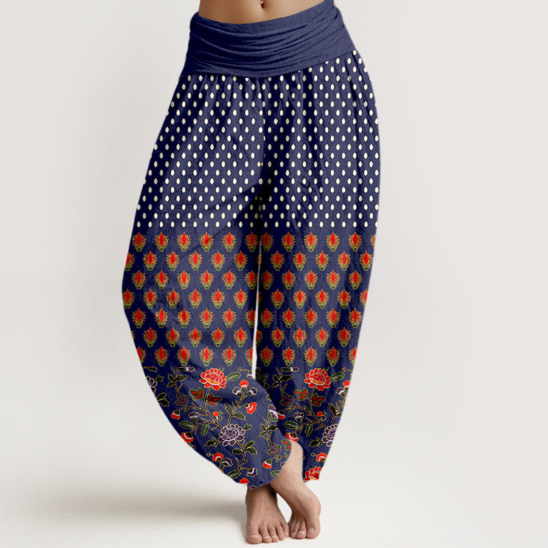 Buddha Stones Pantalon harem à pois en coton rouge et violet à taille élastique pour femme - Bleu nuit - US16，UK/AU20，EU48 (3XL) - image 5