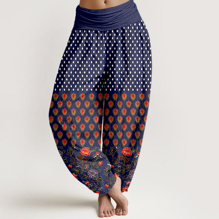Buddha Stones Pantalon harem à pois en coton rouge et violet à taille élastique pour femme - Bleu nuit - US16，UK/AU20，EU48 (3XL) - image 5