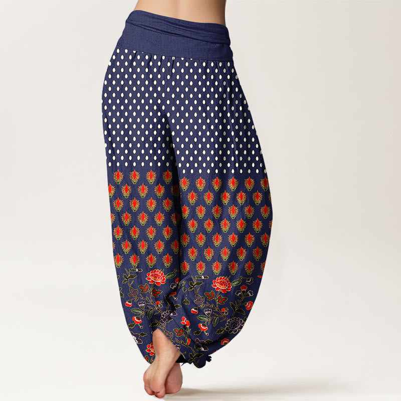 Buddha Stones Pantalon harem à pois en coton rouge et violet à taille élastique pour femme - image 6