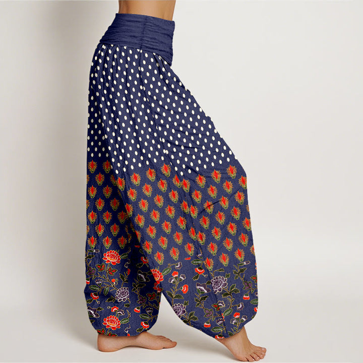 Buddha Stones Pantalon harem à pois en coton rouge et violet à taille élastique pour femme - image 7