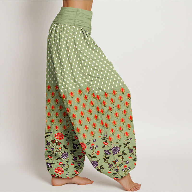 Buddha Stones Pantalon harem à pois en coton rouge et violet à taille élastique pour femme - image 10