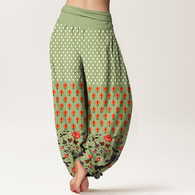 Buddha Stones Pantalon harem à pois en coton rouge et violet à taille élastique pour femme - image 9