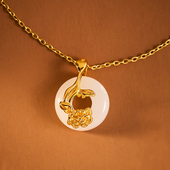 Buddha Stones Boucle de la paix en argent sterling 925 avec pivoine et pendentif Hetian en jade blanc, symbole de bénédiction. - image 2