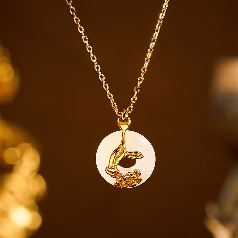 Buddha Stones Boucle de la paix en argent sterling 925 avec pivoine et pendentif Hetian en jade blanc, symbole de bénédiction. - image 1