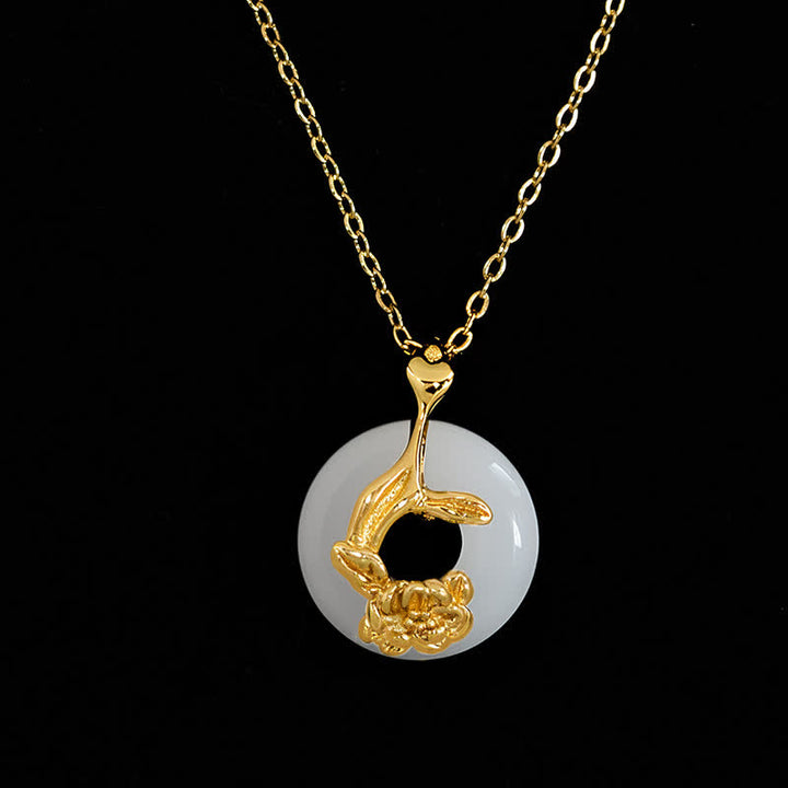 Buddha Stones Boucle de la paix en argent sterling 925 avec pivoine et pendentif Hetian en jade blanc, symbole de bénédiction. - image 3