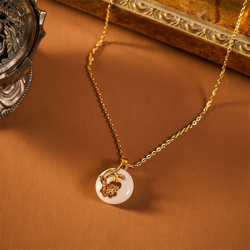 Buddha Stones Boucle de la paix en argent sterling 925 avec pivoine et pendentif Hetian en jade blanc, symbole de bénédiction. - image 4