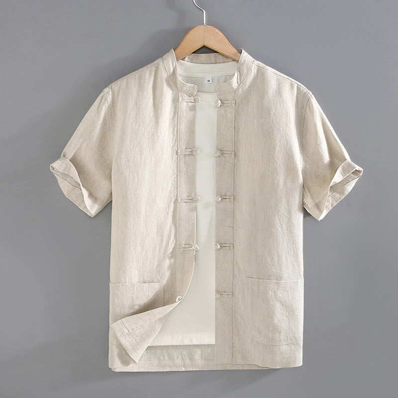 Chemise chinoise vintage à boutons grenouille et poches, style Tang, avec Buddha Stones - Beige - US/UK/AU46，EU56 (5XL) - image 0