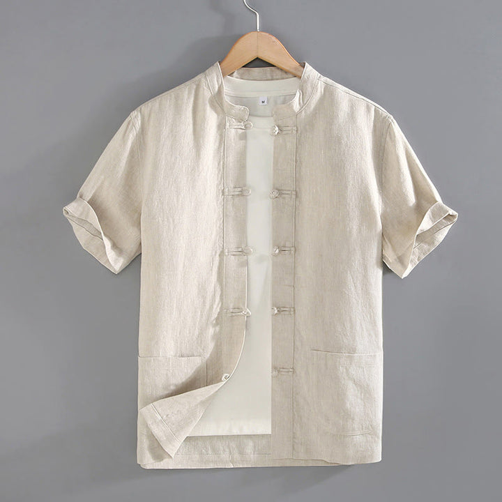 Chemise chinoise vintage à boutons grenouille et poches, style Tang, avec Buddha Stones - Beige - US/UK/AU46，EU56 (5XL) - image 0